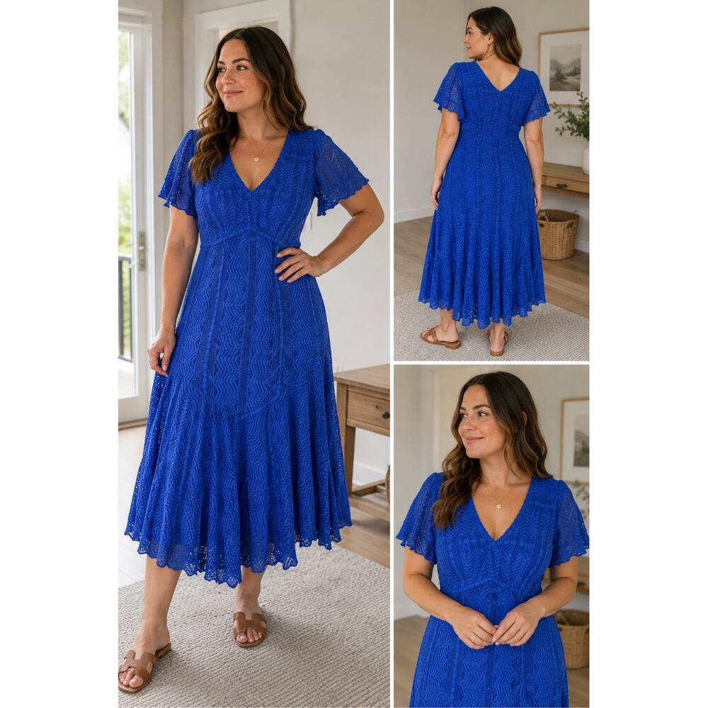 Rabbit Rabbit Rabbit Designs 10 Royal Blue Lace Midi Dress V Neck Flutter Sleeve